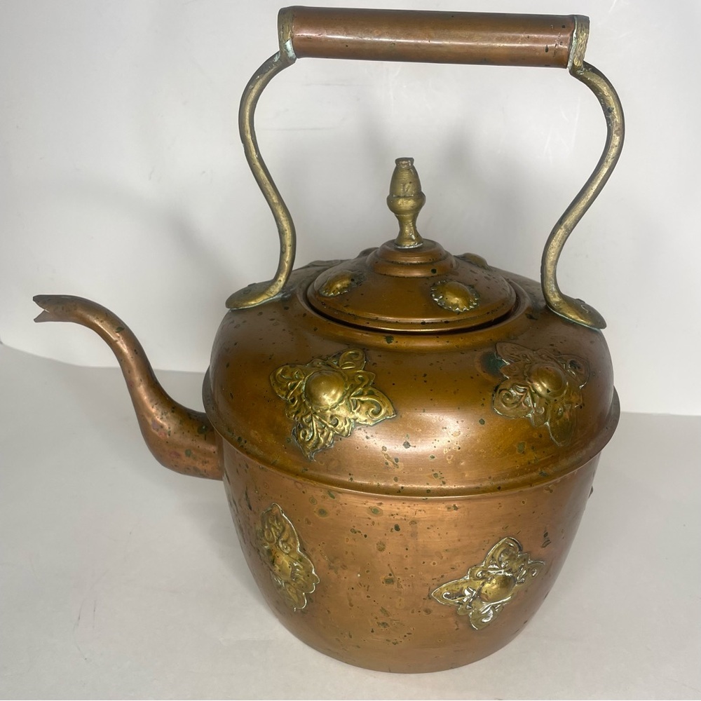 Vintage Copper Tea Kettle Brass Appliqué Fixed Copper Handle 13” With Lid